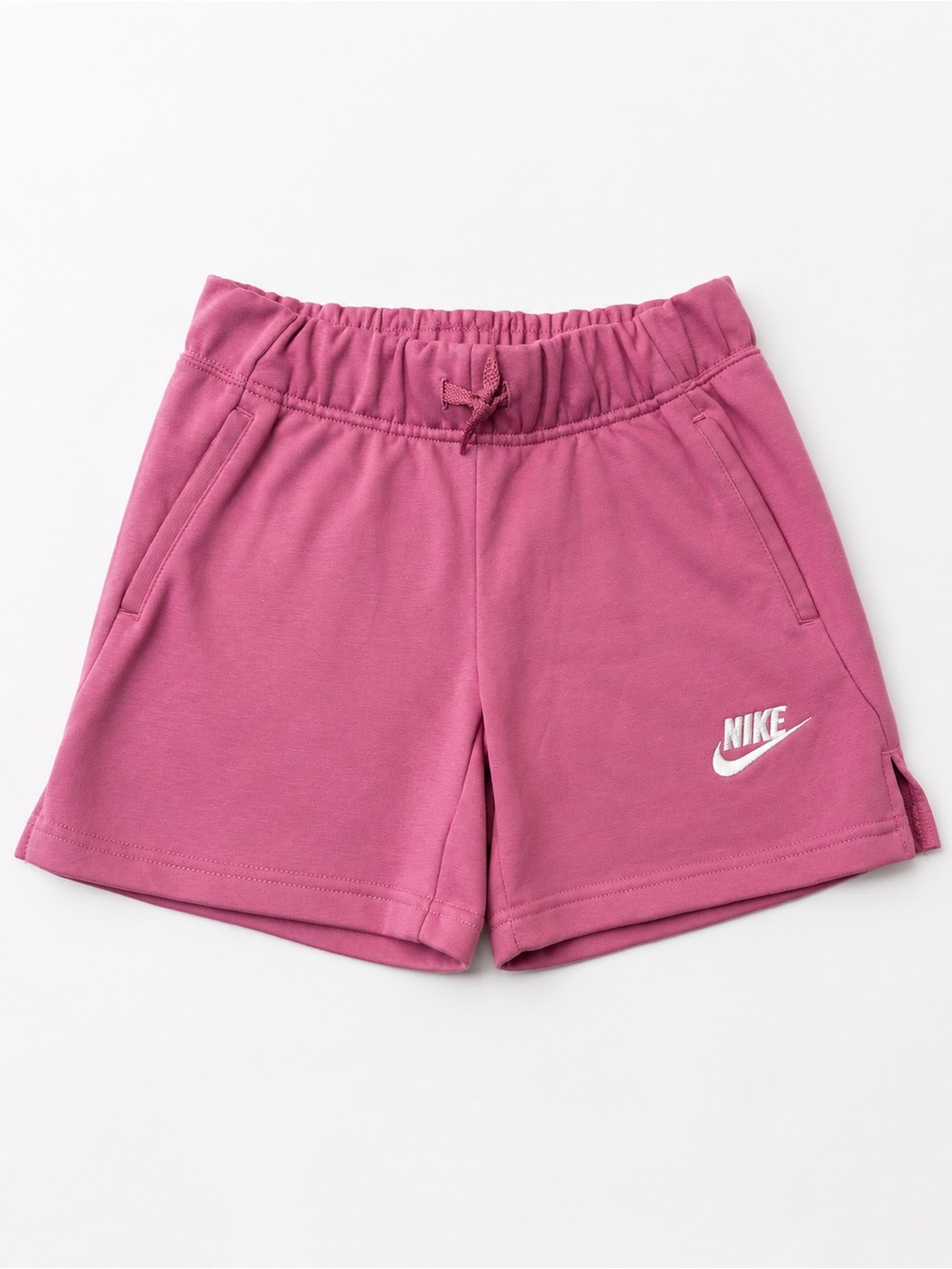 Nike Girls Pink Fleece Shorts Youth Large Embroidered Logo Pockets Cotton Blend